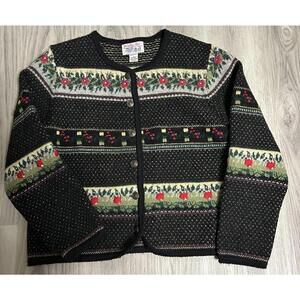 Tally Ho Vintage Wool Floral Knit Cardigan Jacket Embroidered Grandma Sweater